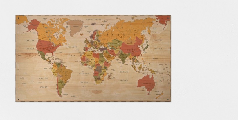 Carte du monde imprimée en bois